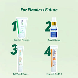 Safrin Skin Care products set including Safriderm Facewash, Oxido Lift Serum, C Cream, Sun Block