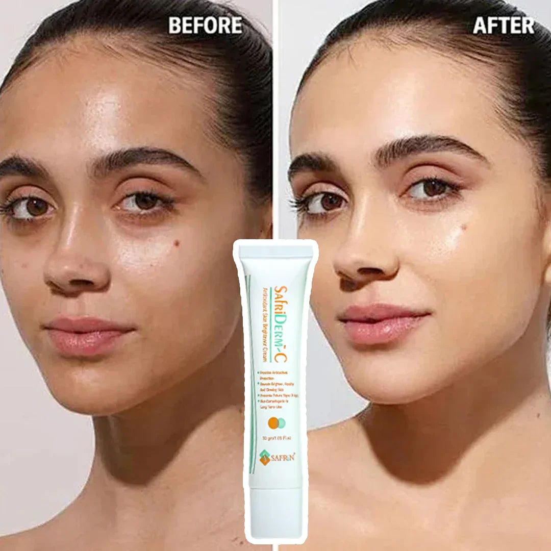 Safrin Skin Care before and after results with SariDerm-C cream, clear glowing skin comparison