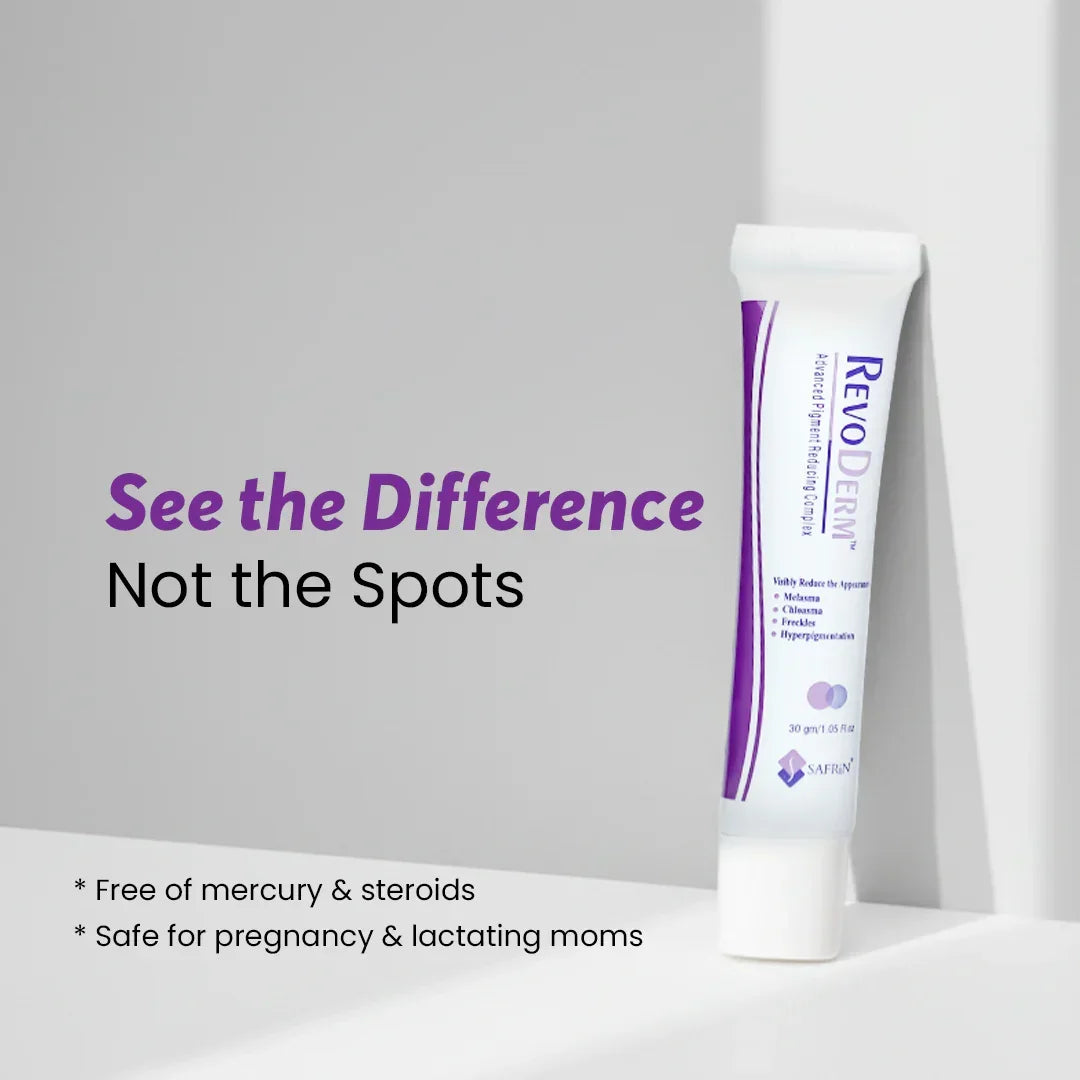 Safrin Skin Care RevoDerm cream tube on a white background with spot reduction claims and safety info.