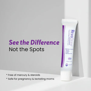 Safrin Skin Care RevoDerm cream tube on a white background with spot reduction claims and safety info.