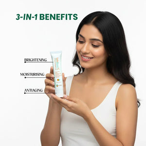 Woman holding Safrin Skin Care cream, promoting brightening, moisturizing, and anti-aging benefits