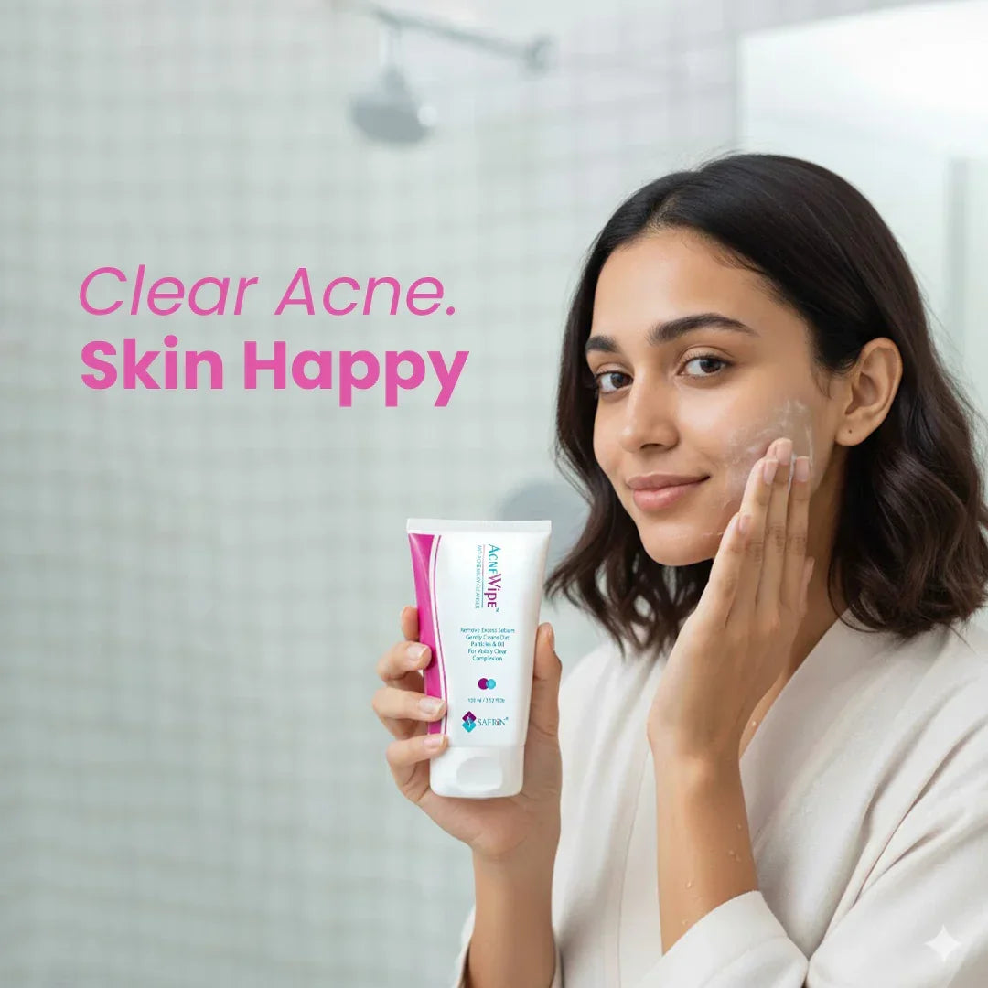 Woman applying Safrin Skin Care AcneWipe face wash, promoting clear skin for acne care in bathroom.