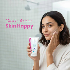 Woman applying Safrin Skin Care AcneWipe face wash, promoting clear skin for acne care in bathroom.