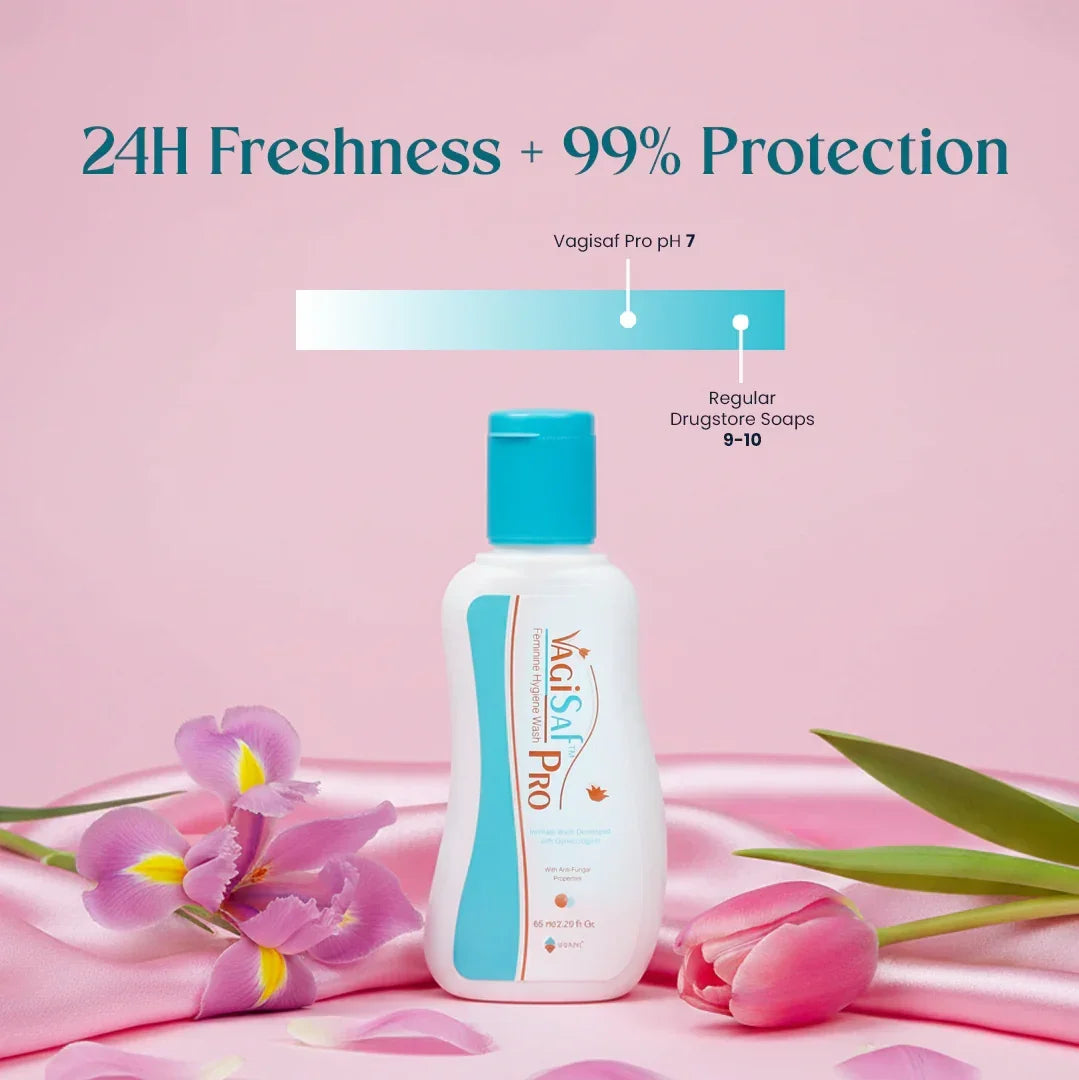 Vagisaf Pro feminine hygiene wash bottle on pink satin with flowers, Safrin Skin Care