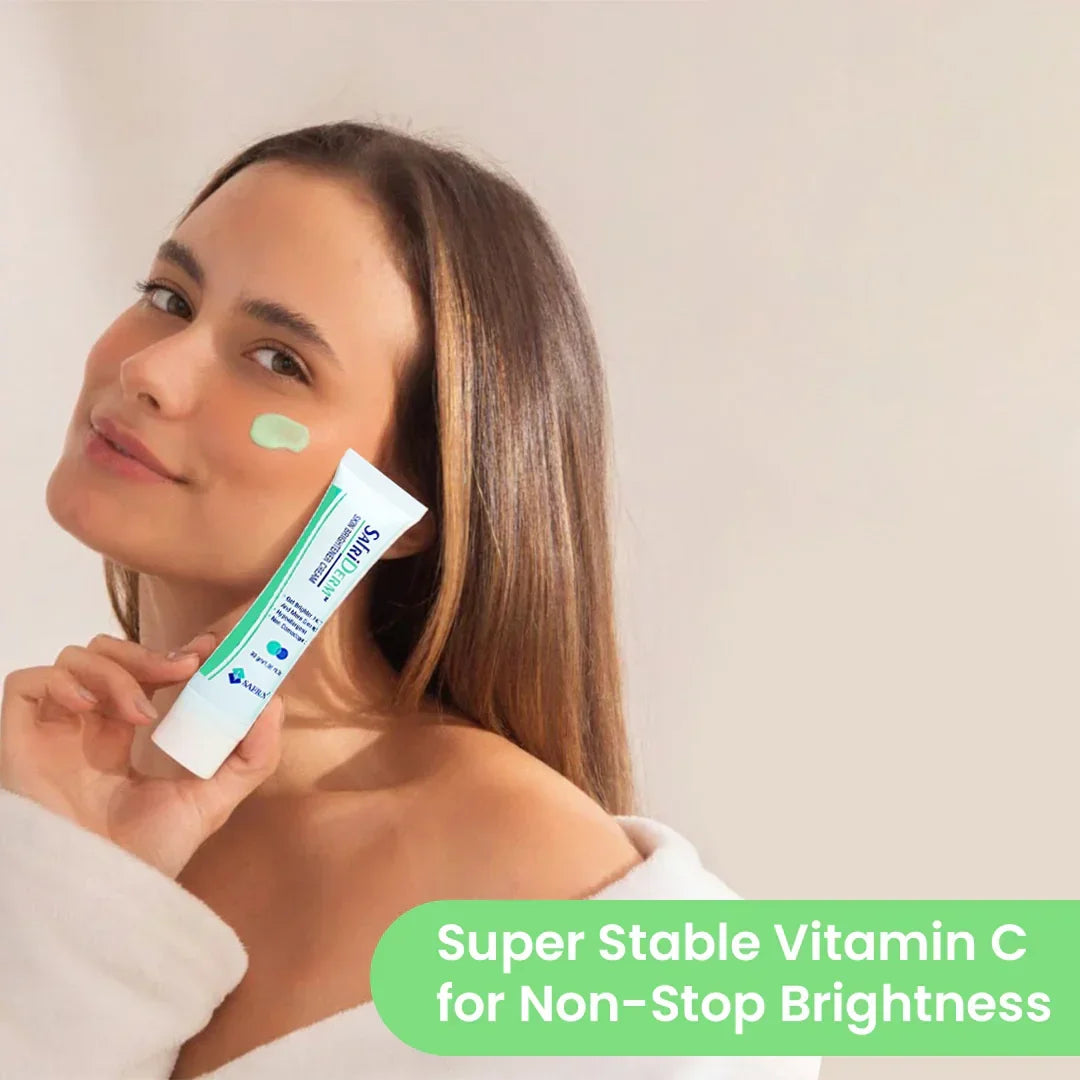 Woman applying Safrin Skin Care vitamin C cream, promoting bright, healthy skin.