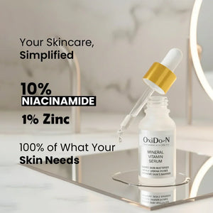 OxiDo-N mineral vitamin serum with niacinamide and zinc on a mirror, skincare branding.