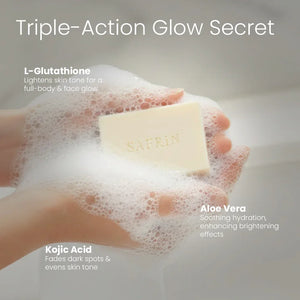 Safrin soap bar with lather in hands, highlighting L-Glutathione, Kojic Acid, Aloe Vera benefits