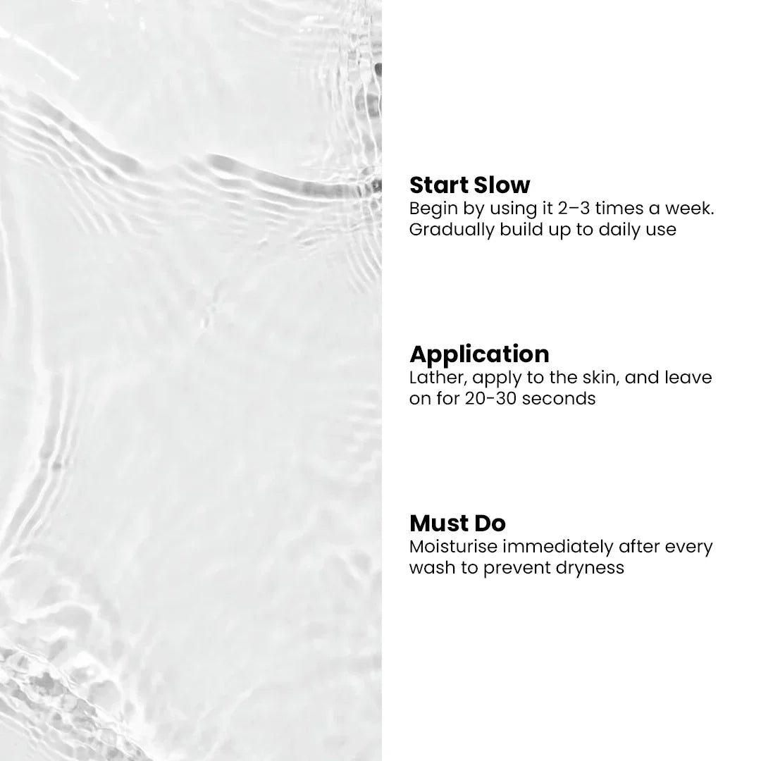 Safrin Skin Care cleansing water texture with usage instructions and skincare tips text.