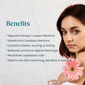 Safrin Skin Care benefits list with woman holding pink flower, textured white background.