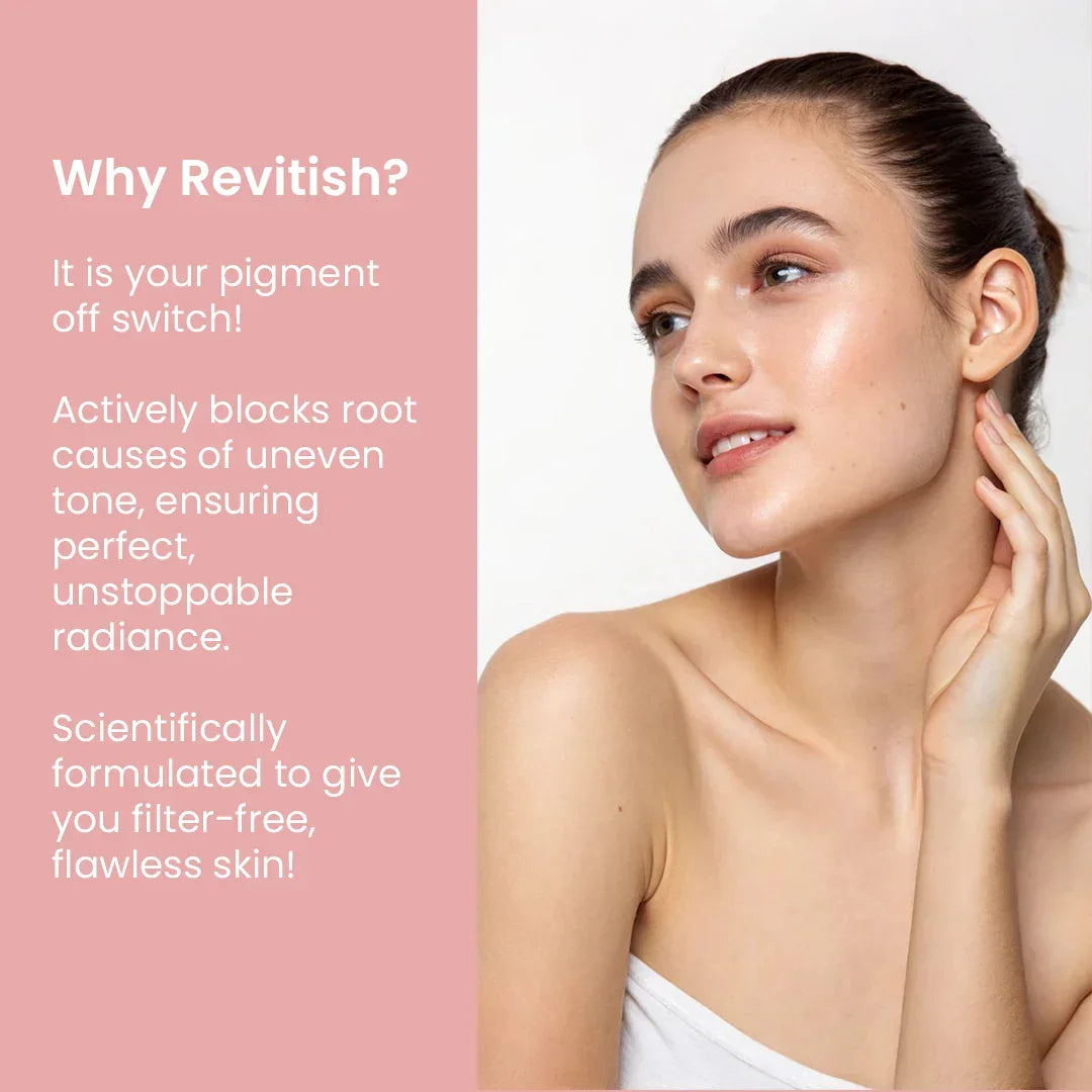 Woman with glowing skin touching face, promoting Safrin Skin Care RevitisH for flawless complexion.