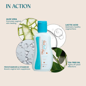 VagiSaf Pro feminine hygiene wash bottle with aloe vera, lactic acid, vitamins, and tea tree oil ingredients, Safrin Skin Care product