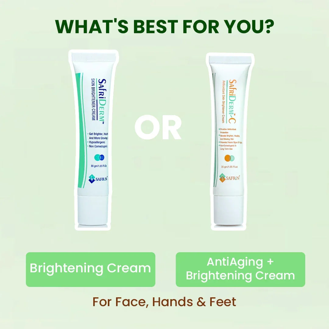 Safrin Skin Care comparison of brightening cream and anti-aging brightening cream tubes for face, hands, and feet on a light green background.