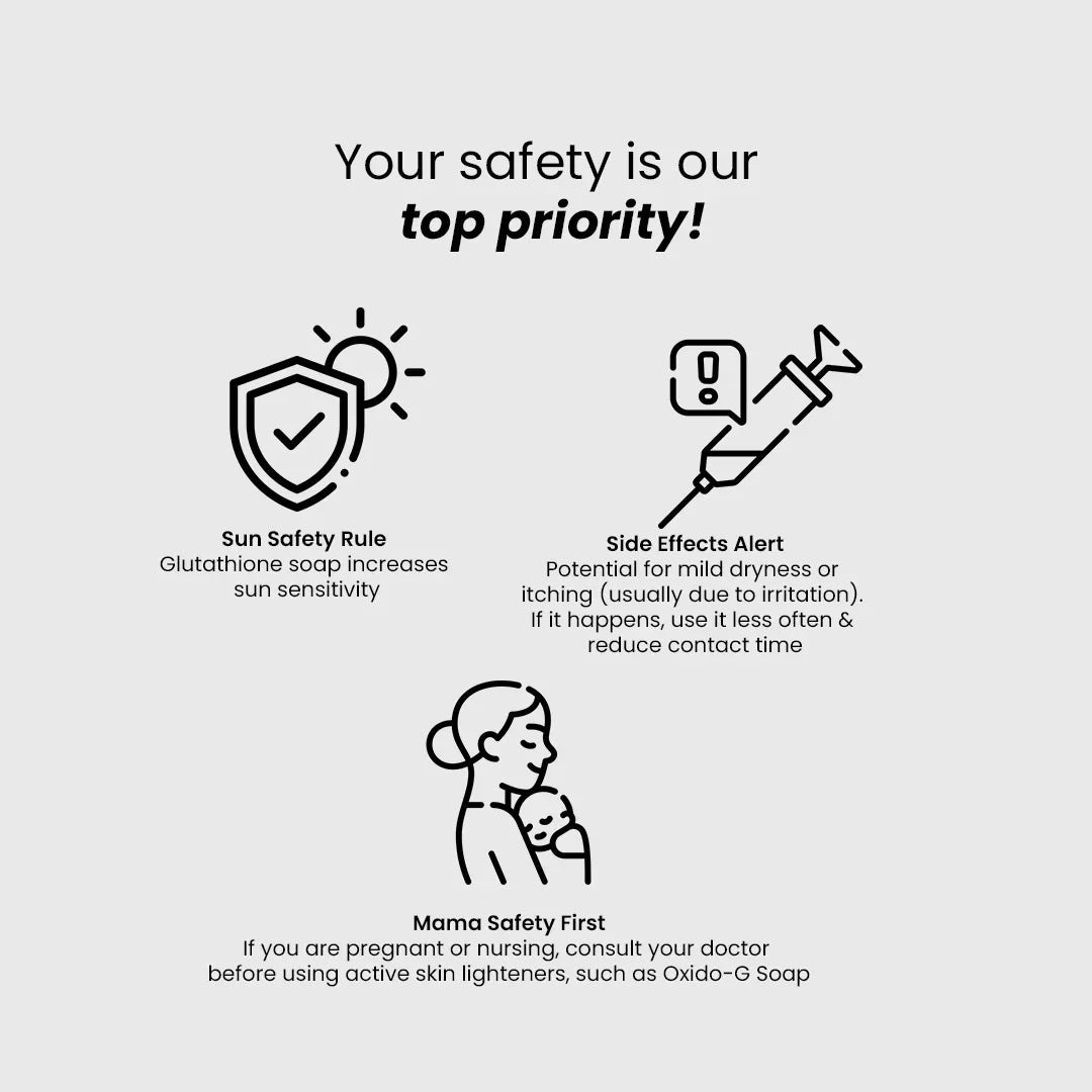 Safrin Skin Care safety tips for sun sensitivity, side effects, and pregnancy with icons