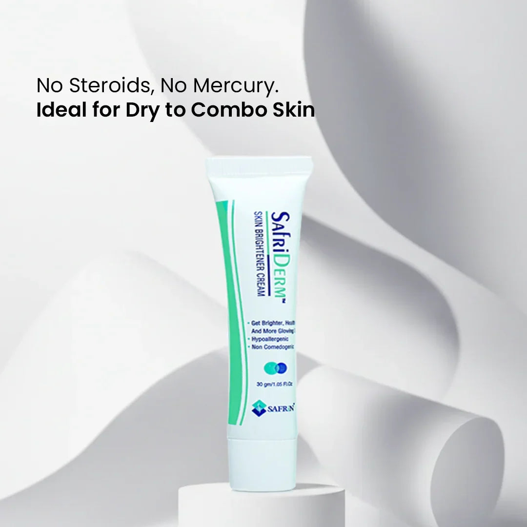 Safriderm skin brightener cream tube by Safrin Skin Care for dry to combo skin, displayed on white abstract background.