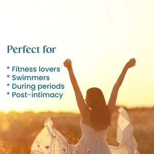 Woman in white dress outdoors at sunset with text listing skincare uses for fitness, swimming, and periods
