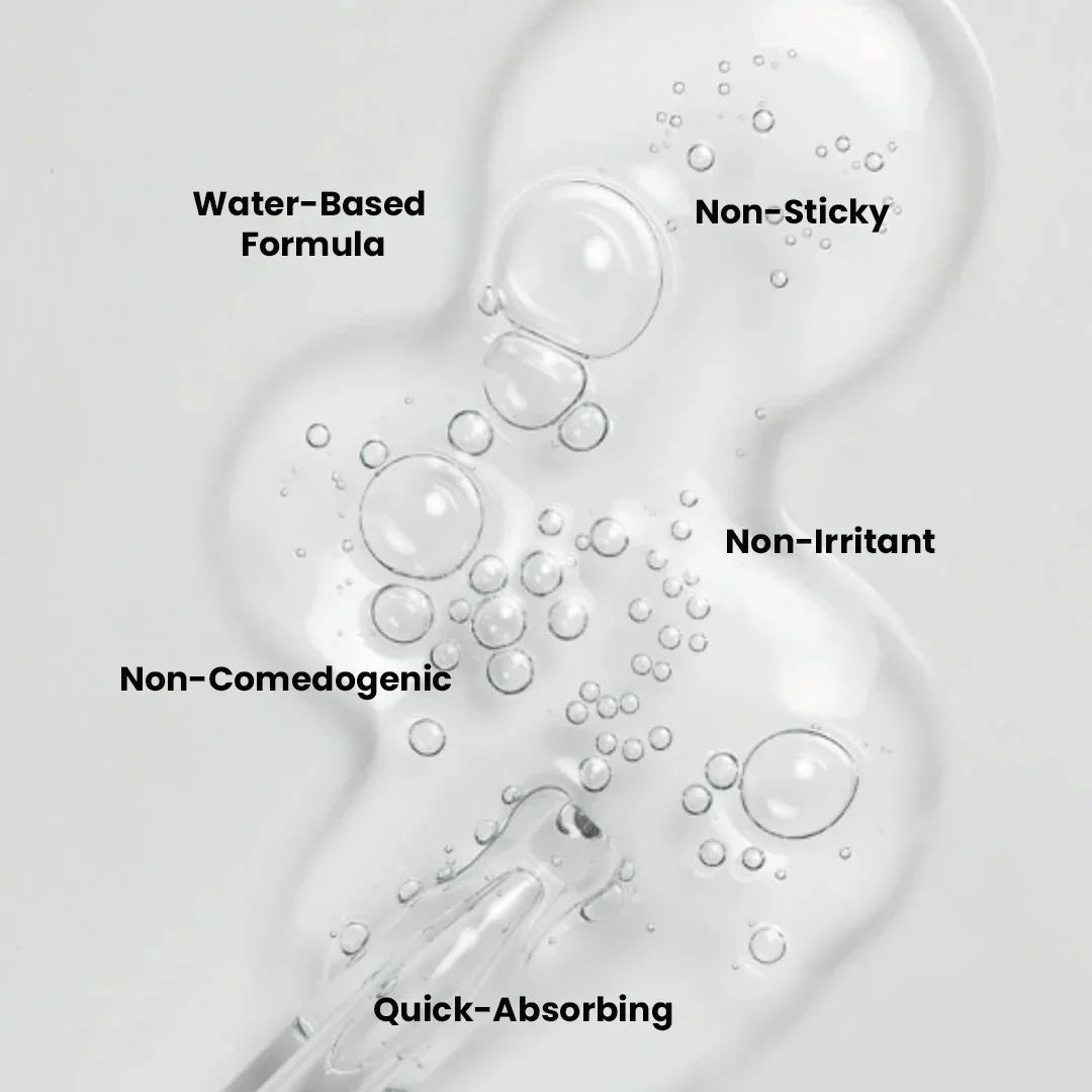 Clear serum with bubbles and dropper, highlighting water-based, non-sticky, non-comedogenic skincare.