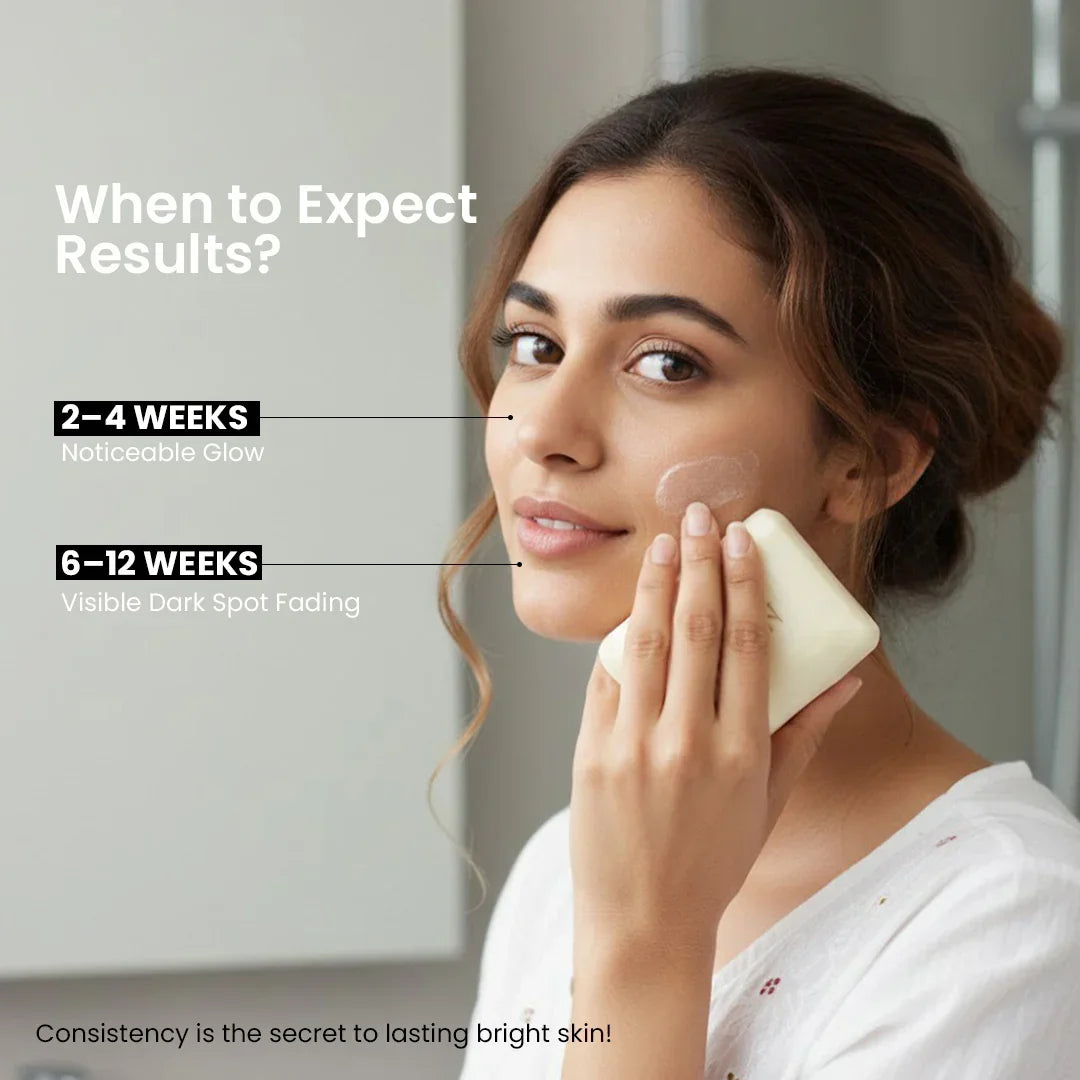 Woman applying Safrin Skin Care product to face, highlighting glow and dark spot fading results