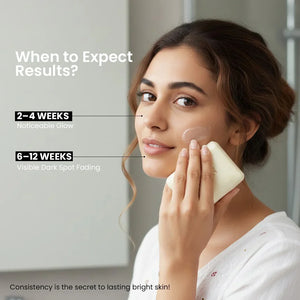 Woman applying Safrin Skin Care product to face, highlighting glow and dark spot fading results