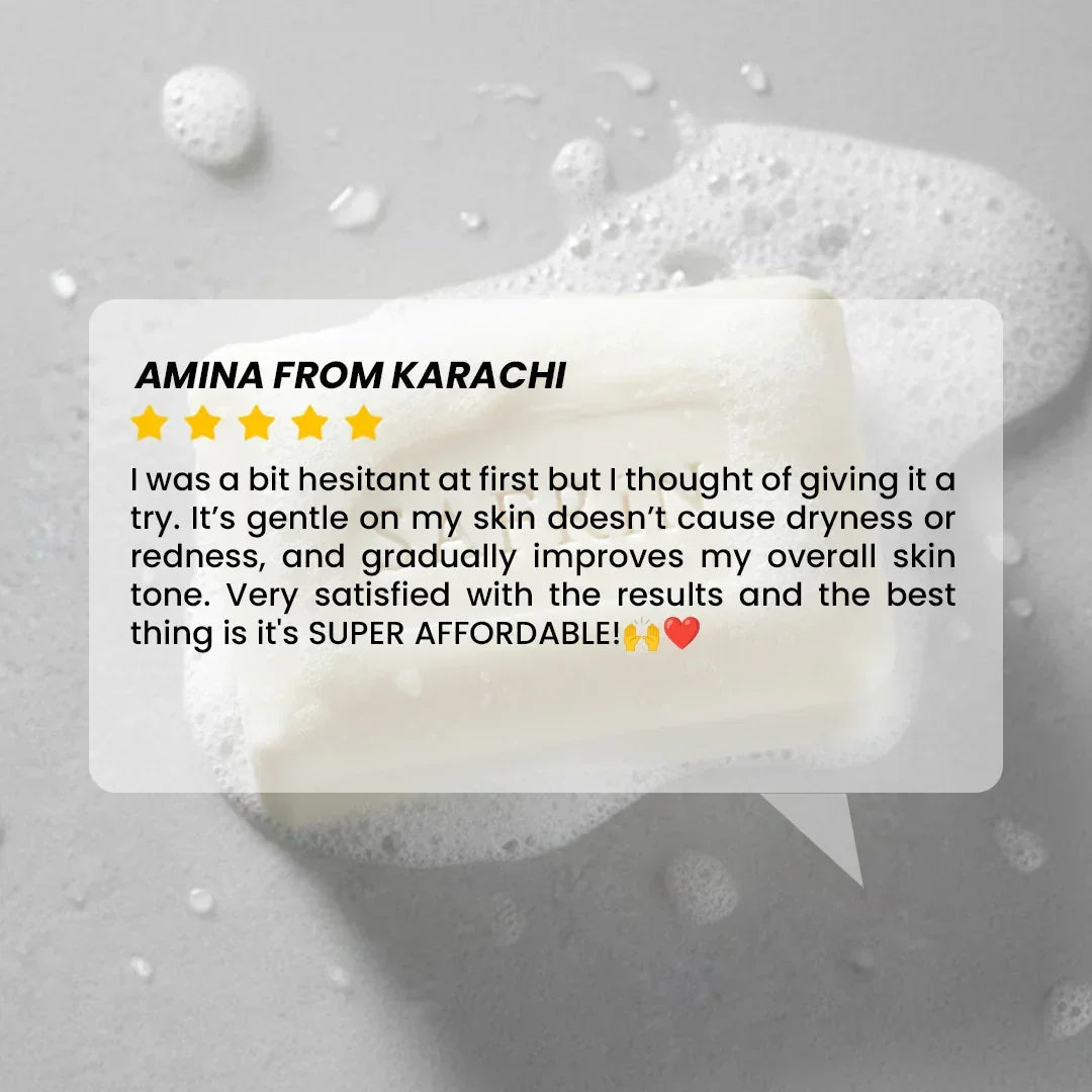 Safrin Skin Care customer review with five stars over a gentle foaming soap bar