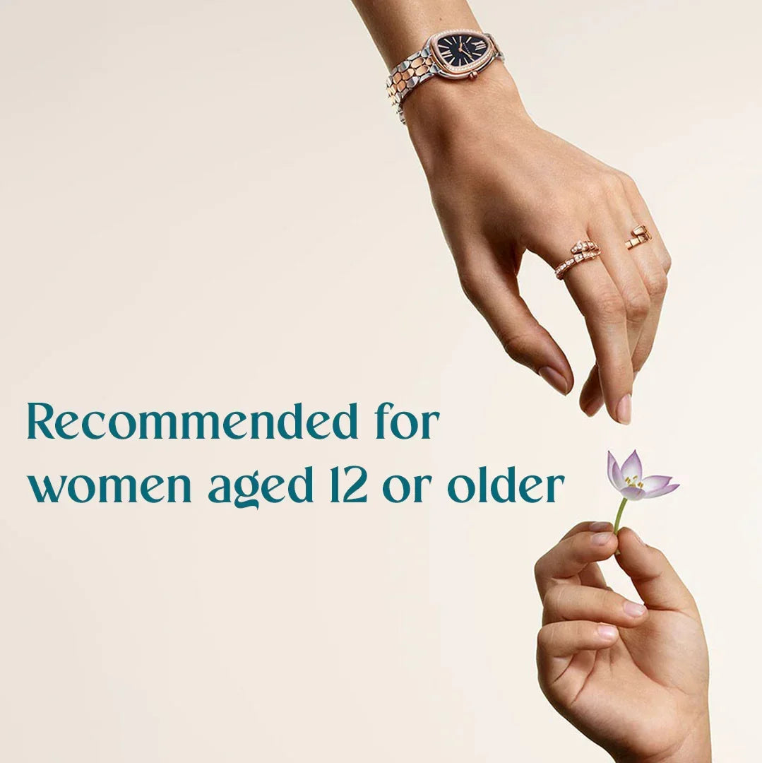 Two hands with jewelry exchanging a small purple flower, text reads 'Recommended for women aged 12 or older', Safrin Skin Care branding.