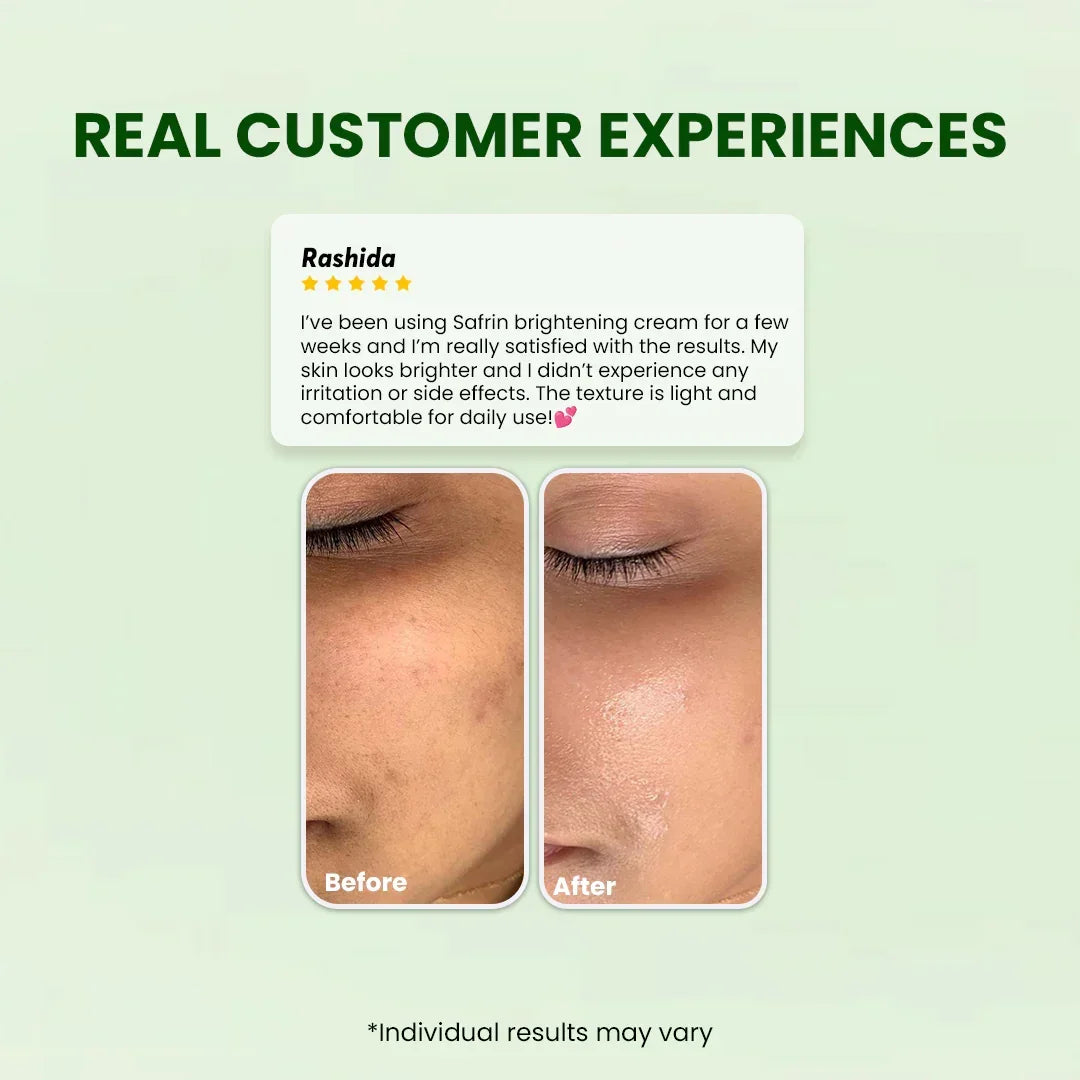 Safrin Skin Care customer review with before and after results showing improved skin brightness.