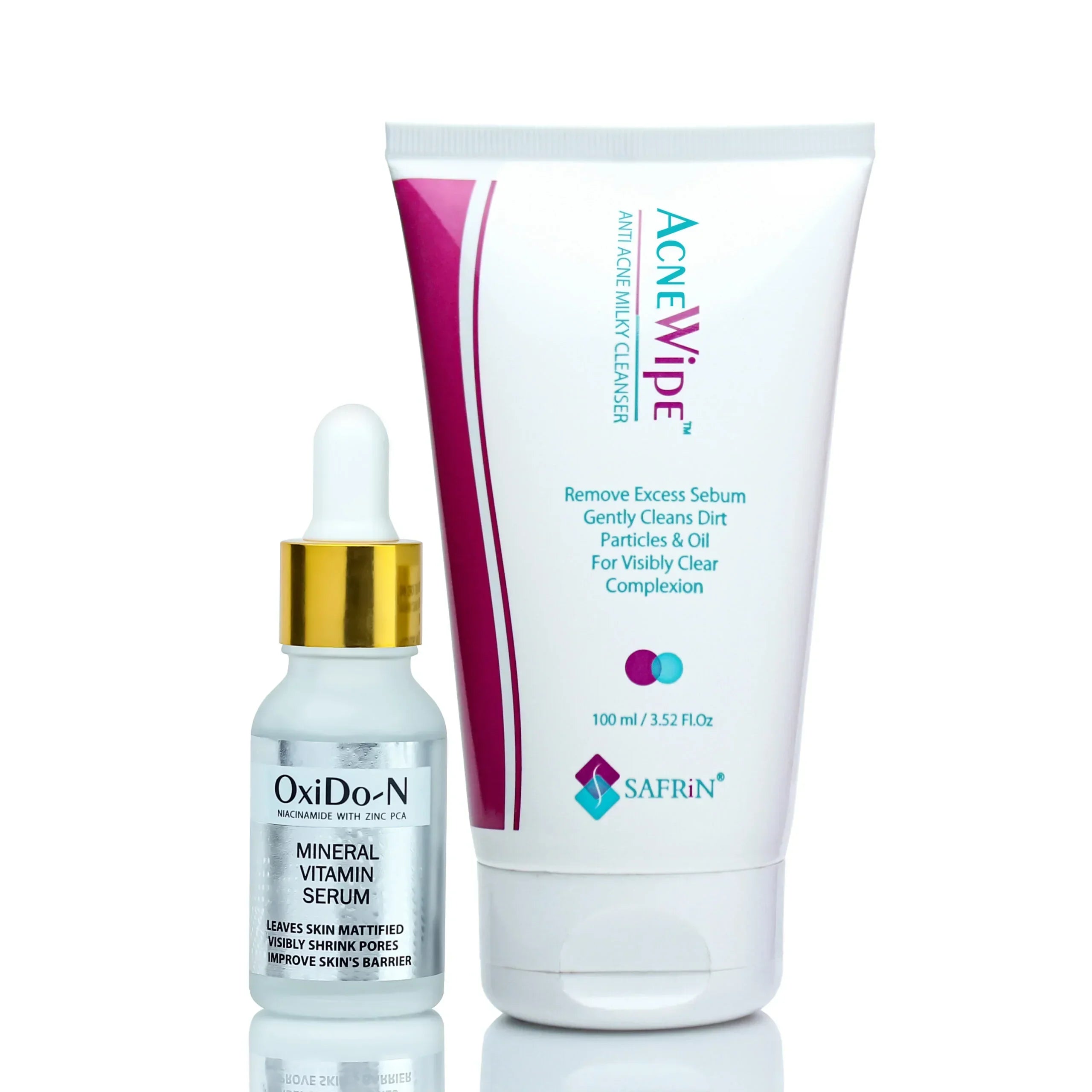 White OxiDo-N Niacinamide serum bottle pink ACNEWIPE face wash tube oil control bundle Safrin