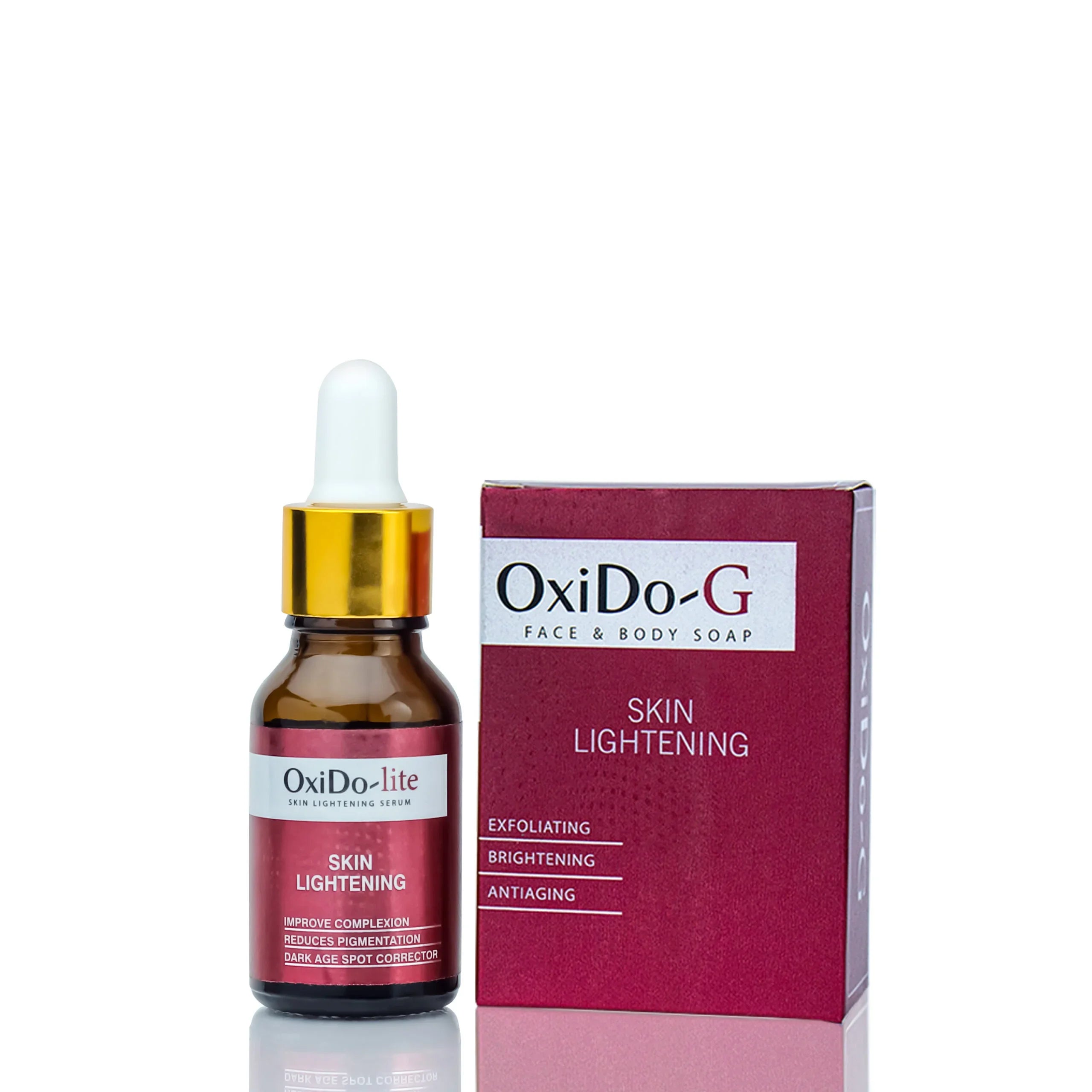 Brown OxiDo-Lite lightening serum bottle purple OxiDo-G Glutathione soap box brightening bundle Safrin